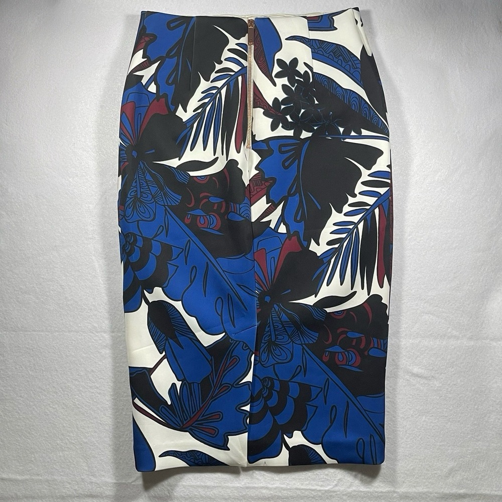 Ted Baker Floral Pencil Skirt Womens 2 Blue Black White Back Zip Knee Length - Picture 2 of 5